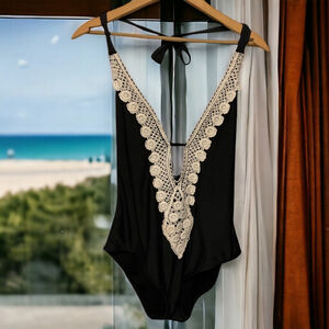 KONA SOL, one piece halter Swimsuit Black with White cotton crochet lace trim L